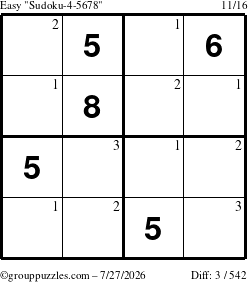 The grouppuzzles.com Easy Sudoku-4-5678 puzzle for Monday July 27, 2026 with the first 3 steps marked