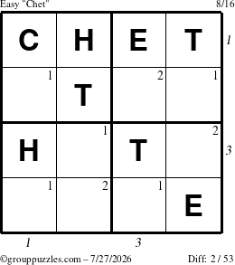The grouppuzzles.com Easy Chet puzzle for Monday July 27, 2026 with all 2 steps marked