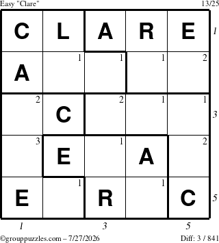 The grouppuzzles.com Easy Clare puzzle for Monday July 27, 2026 with all 3 steps marked