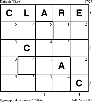 The grouppuzzles.com Difficult Clare puzzle for Monday July 27, 2026, suitable for printing, with all 5 steps marked
