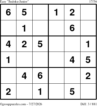 The grouppuzzles.com Easy Sudoku-Junior puzzle for Monday July 27, 2026