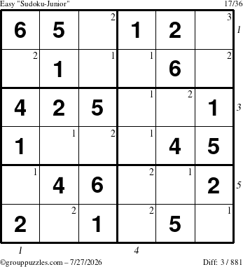 The grouppuzzles.com Easy Sudoku-Junior puzzle for Monday July 27, 2026 with all 3 steps marked