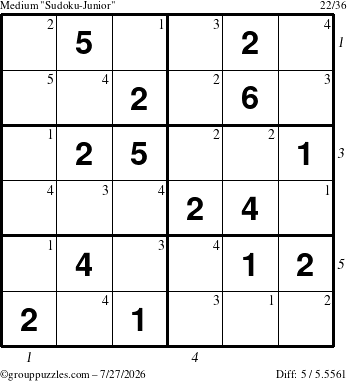 The grouppuzzles.com Medium Sudoku-Junior puzzle for Monday July 27, 2026 with all 5 steps marked