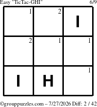 The grouppuzzles.com Easy TicTac-GHI puzzle for Monday July 27, 2026 with the first 2 steps marked