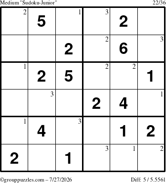 The grouppuzzles.com Medium Sudoku-Junior puzzle for Monday July 27, 2026 with the first 3 steps marked