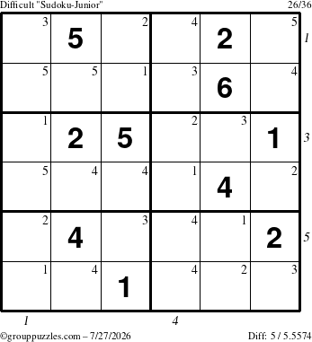 The grouppuzzles.com Difficult Sudoku-Junior puzzle for Monday July 27, 2026 with all 5 steps marked