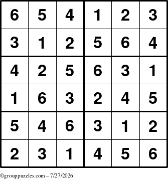 The grouppuzzles.com Answer grid for the Sudoku-Junior puzzle for Monday July 27, 2026