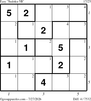 The grouppuzzles.com Easy Sudoku-5B puzzle for Monday July 27, 2026 with all 4 steps marked