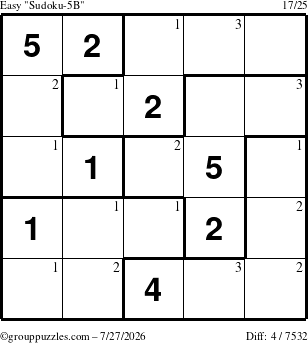 The grouppuzzles.com Easy Sudoku-5B puzzle for Monday July 27, 2026 with the first 3 steps marked