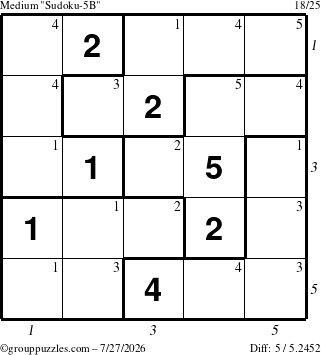 The grouppuzzles.com Medium Sudoku-5B puzzle for Monday July 27, 2026, suitable for printing, with all 5 steps marked
