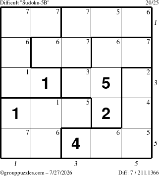The grouppuzzles.com Difficult Sudoku-5B puzzle for Monday July 27, 2026 with all 7 steps marked