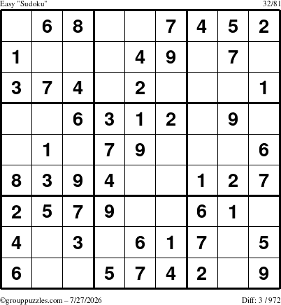 The grouppuzzles.com Easy Sudoku puzzle for Monday July 27, 2026