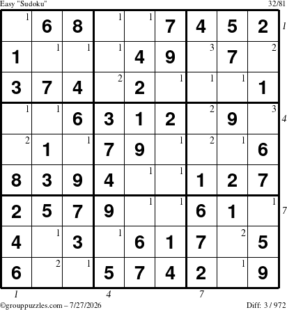 The grouppuzzles.com Easy Sudoku puzzle for Monday July 27, 2026, suitable for printing, with all 3 steps marked