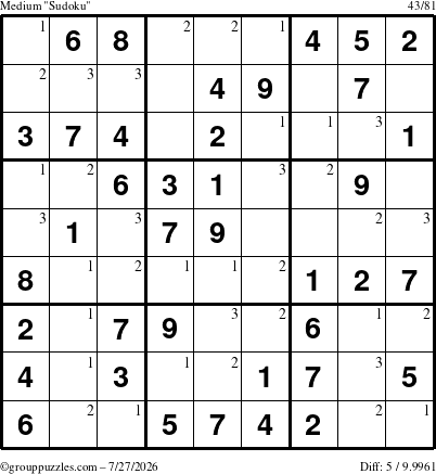The grouppuzzles.com Medium Sudoku puzzle for Monday July 27, 2026 with the first 3 steps marked