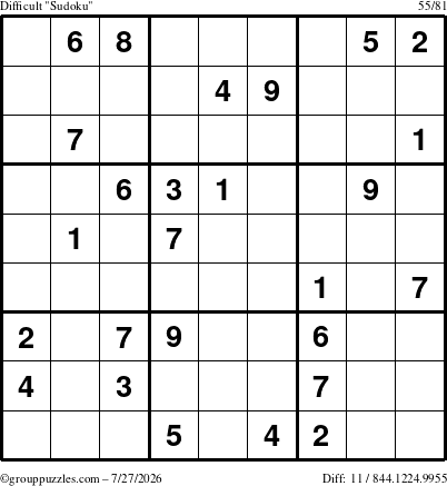 The grouppuzzles.com Difficult Sudoku puzzle for Monday July 27, 2026