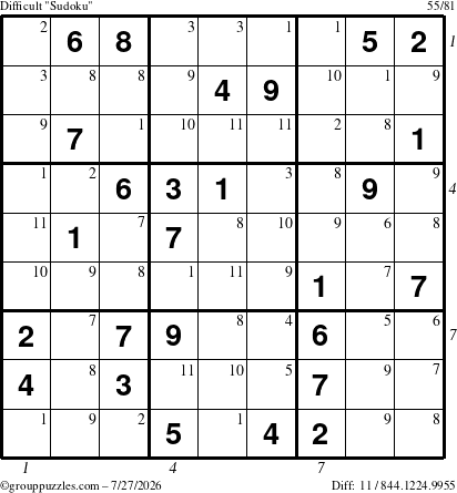 The grouppuzzles.com Difficult Sudoku puzzle for Monday July 27, 2026 with all 11 steps marked