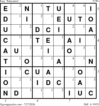 The grouppuzzles.com Easy Education-c1 puzzle for Monday July 27, 2026, suitable for printing, with all 4 steps marked