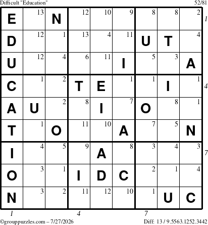The grouppuzzles.com Difficult Education-c1 puzzle for Monday July 27, 2026, suitable for printing, with all 13 steps marked