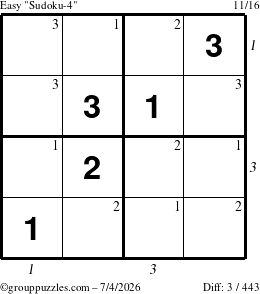 The grouppuzzles.com Easy Sudoku-4 puzzle for Saturday July 4, 2026, suitable for printing, with all 3 steps marked