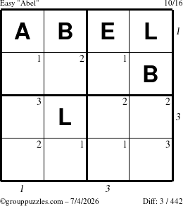 The grouppuzzles.com Easy Abel puzzle for Saturday July 4, 2026, suitable for printing, with all 3 steps marked
