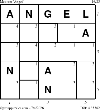 The grouppuzzles.com Medium Angel puzzle for Saturday July 4, 2026 with all 4 steps marked