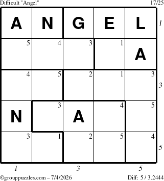 The grouppuzzles.com Difficult Angel puzzle for Saturday July 4, 2026, suitable for printing, with all 5 steps marked