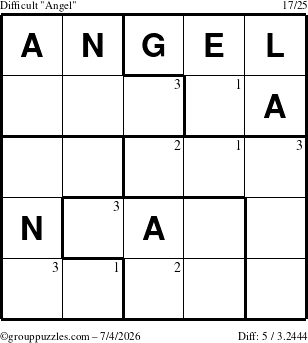 The grouppuzzles.com Difficult Angel puzzle for Saturday July 4, 2026 with the first 3 steps marked
