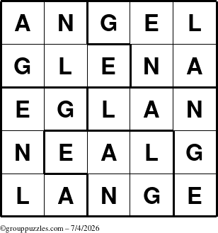 The grouppuzzles.com Answer grid for the Angel puzzle for Saturday July 4, 2026
