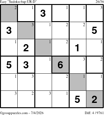 The grouppuzzles.com Easy Sudoku-6up-UR-D puzzle for Saturday July 4, 2026 with the first 3 steps marked