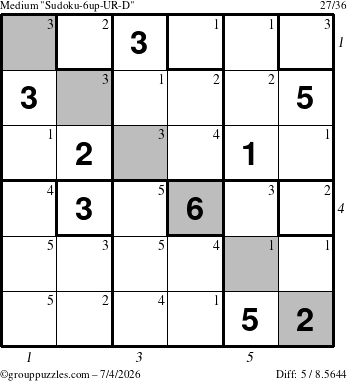 The grouppuzzles.com Medium Sudoku-6up-UR-D puzzle for Saturday July 4, 2026, suitable for printing, with all 5 steps marked