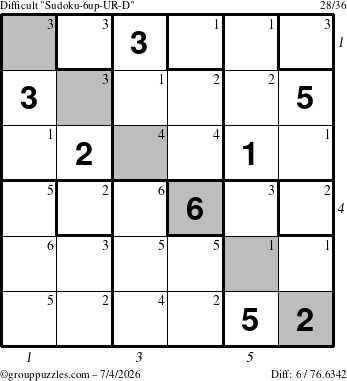 The grouppuzzles.com Difficult Sudoku-6up-UR-D puzzle for Saturday July 4, 2026 with all 6 steps marked