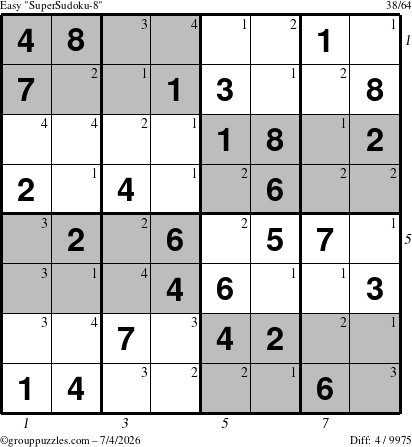 The grouppuzzles.com Easy SuperSudoku-8 puzzle for Saturday July 4, 2026 with all 4 steps marked