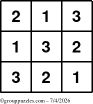 The grouppuzzles.com Answer grid for the TicTac-123 puzzle for Saturday July 4, 2026