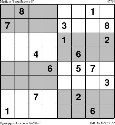 The grouppuzzles.com Medium SuperSudoku-8 puzzle for Saturday July 4, 2026