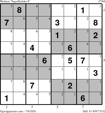 The grouppuzzles.com Medium SuperSudoku-8 puzzle for Saturday July 4, 2026 with all 8 steps marked