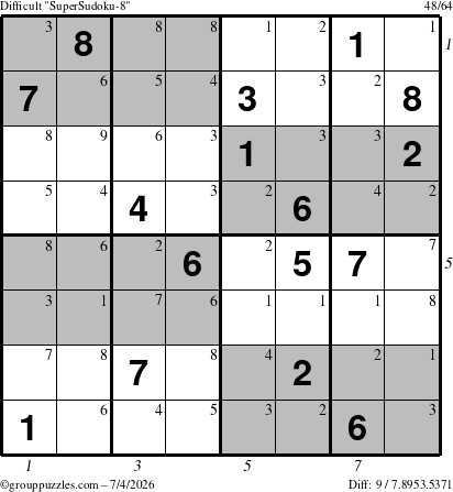 The grouppuzzles.com Difficult SuperSudoku-8 puzzle for Saturday July 4, 2026, suitable for printing, with all 9 steps marked