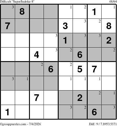 The grouppuzzles.com Difficult SuperSudoku-8 puzzle for Saturday July 4, 2026 with the first 3 steps marked