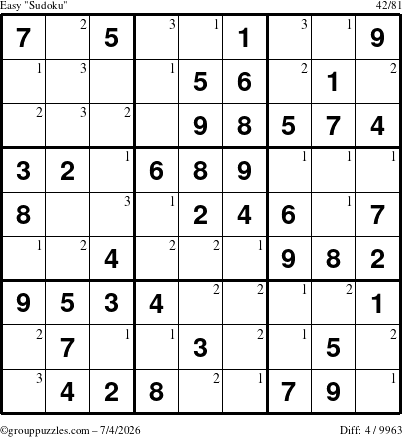 The grouppuzzles.com Easy Sudoku puzzle for Saturday July 4, 2026 with the first 3 steps marked