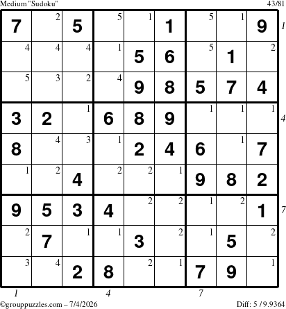 The grouppuzzles.com Medium Sudoku puzzle for Saturday July 4, 2026, suitable for printing, with all 5 steps marked