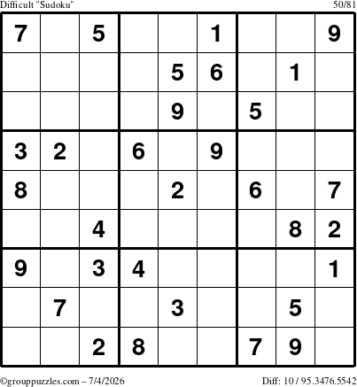 The grouppuzzles.com Difficult Sudoku puzzle for Saturday July 4, 2026