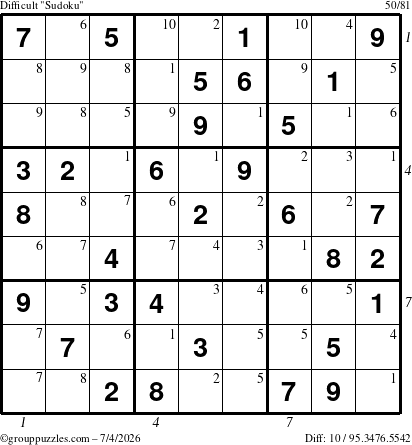 The grouppuzzles.com Difficult Sudoku puzzle for Saturday July 4, 2026, suitable for printing, with all 10 steps marked