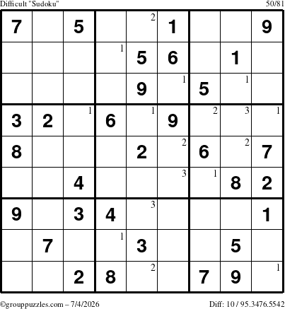The grouppuzzles.com Difficult Sudoku puzzle for Saturday July 4, 2026 with the first 3 steps marked