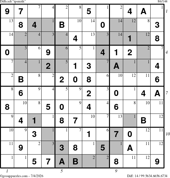 The grouppuzzles.com Difficult tpsmith puzzle for Saturday July 4, 2026, suitable for printing, with all 14 steps marked