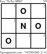The grouppuzzles.com Easy TicTac-MNO puzzle for Saturday July 4, 2026 with the first 2 steps marked