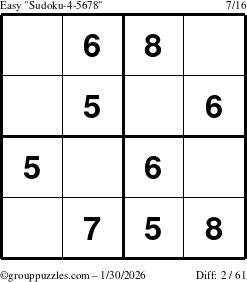 The grouppuzzles.com Easy Sudoku-4-5678 puzzle for Friday January 30, 2026