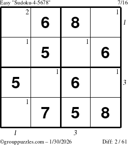 The grouppuzzles.com Easy Sudoku-4-5678 puzzle for Friday January 30, 2026, suitable for printing, with all 2 steps marked
