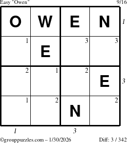 The grouppuzzles.com Easy Owen puzzle for Friday January 30, 2026, suitable for printing, with all 3 steps marked