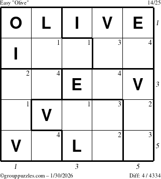 The grouppuzzles.com Easy Olive puzzle for Friday January 30, 2026, suitable for printing, with all 4 steps marked
