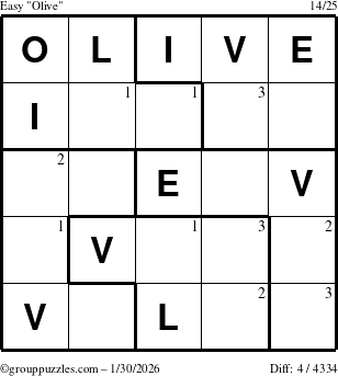 The grouppuzzles.com Easy Olive puzzle for Friday January 30, 2026 with the first 3 steps marked