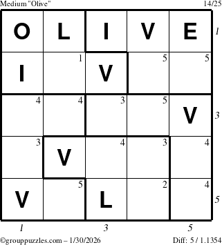 The grouppuzzles.com Medium Olive puzzle for Friday January 30, 2026 with all 5 steps marked